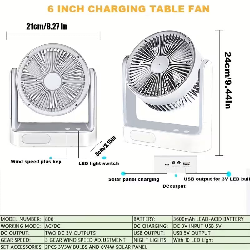 Solar Powered Portable Camping Fan with 10 LED Light, 3-Speed Rechargeable Table & Floor Fan with Timer