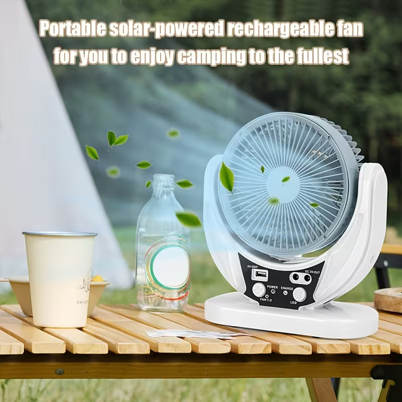 Portable Solar Camping Fan with LED Light | USB Rechargeable | Perfect for Blackouts & Outdoor Use