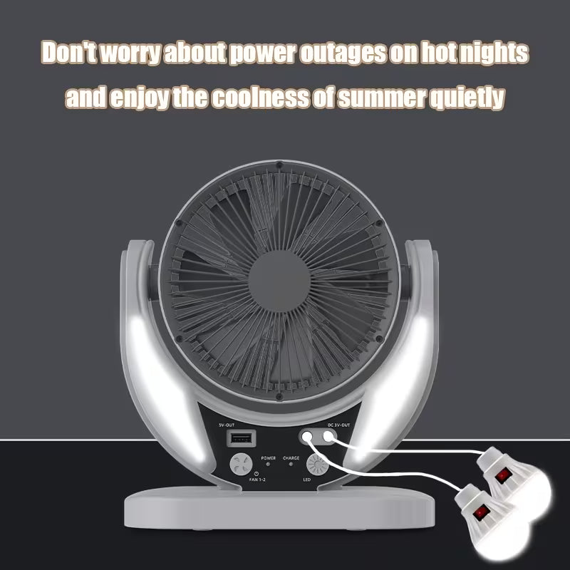 Portable Solar Camping Fan with LED Light | USB Rechargeable | Perfect for Blackouts & Outdoor Use
