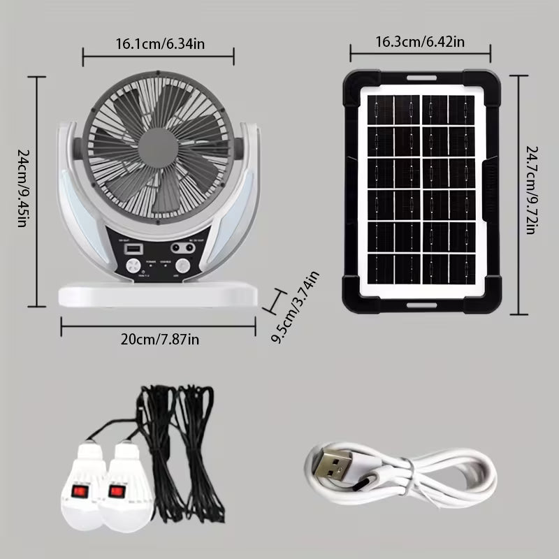 Portable Solar Camping Fan with LED Light | USB Rechargeable | Perfect for Blackouts & Outdoor Use