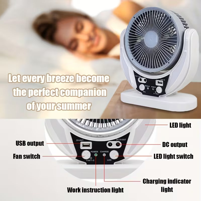 Portable Solar Camping Fan with LED Light | USB Rechargeable | Perfect for Blackouts & Outdoor Use