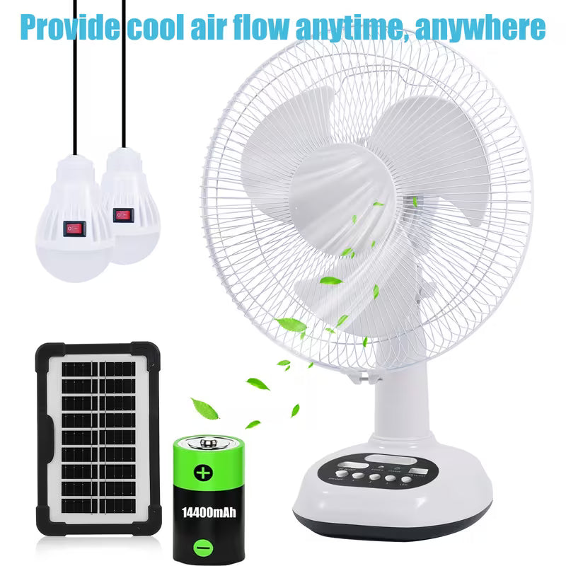 12-Inch Solar Powered Adjustable Table Fan with 120° Tilt, 3-Speed Control, LED Light & Emergency Charging, 14400mAh Battery