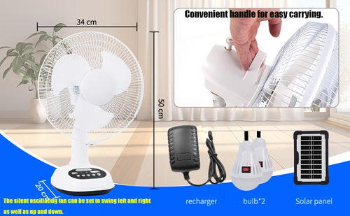 12-Inch Solar Powered Adjustable Table Fan with 120° Tilt, 3-Speed Control, LED Light & Emergency Charging, 14400mAh Battery