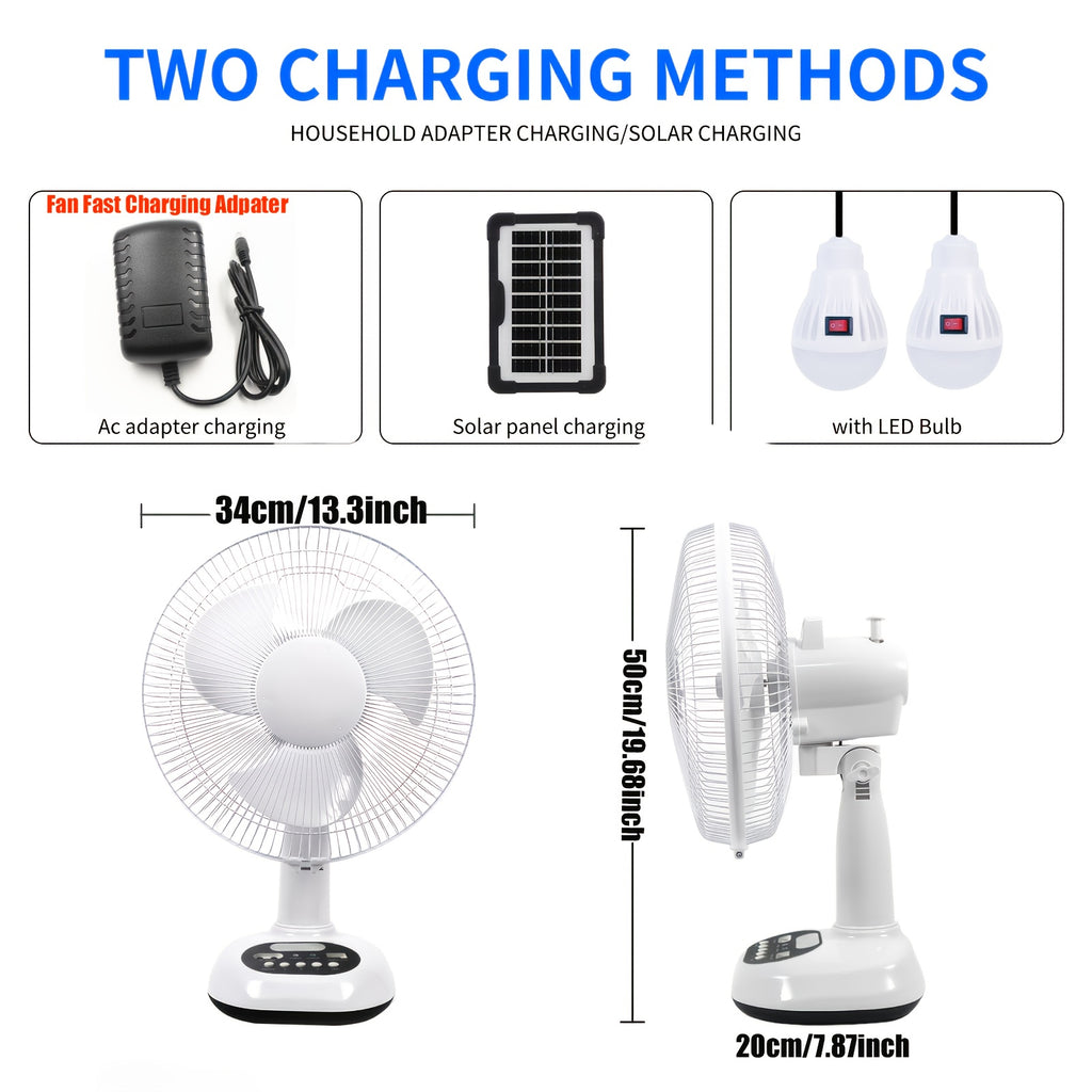 12-Inch Solar Powered Adjustable Table Fan with 120° Tilt, 3-Speed Control, LED Light & Emergency Charging, 14400mAh Battery