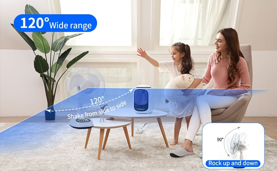 12-Inch Solar Powered Adjustable Table Fan with 120° Tilt, 3-Speed Control, LED Light & Emergency Charging, 14400mAh Battery