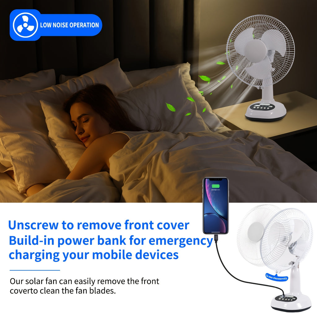 12-Inch Solar Powered Adjustable Table Fan with 120° Tilt, 3-Speed Control, LED Light & Emergency Charging, 14400mAh Battery