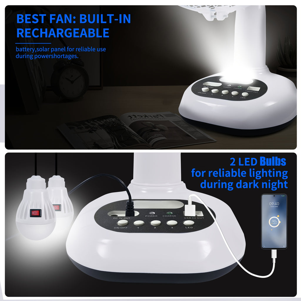 12-Inch Solar Powered Adjustable Table Fan with 120° Tilt, 3-Speed Control, LED Light & Emergency Charging, 14400mAh Battery