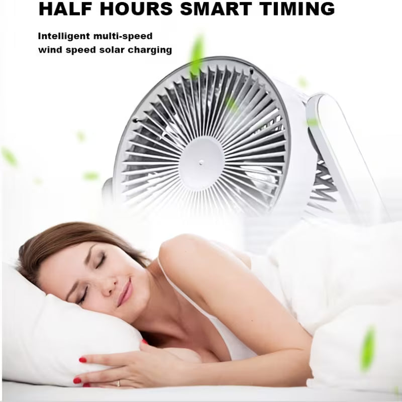 Solar Powered Portable Camping Fan with 10 LED Light, 3-Speed Rechargeable Table & Floor Fan with Timer