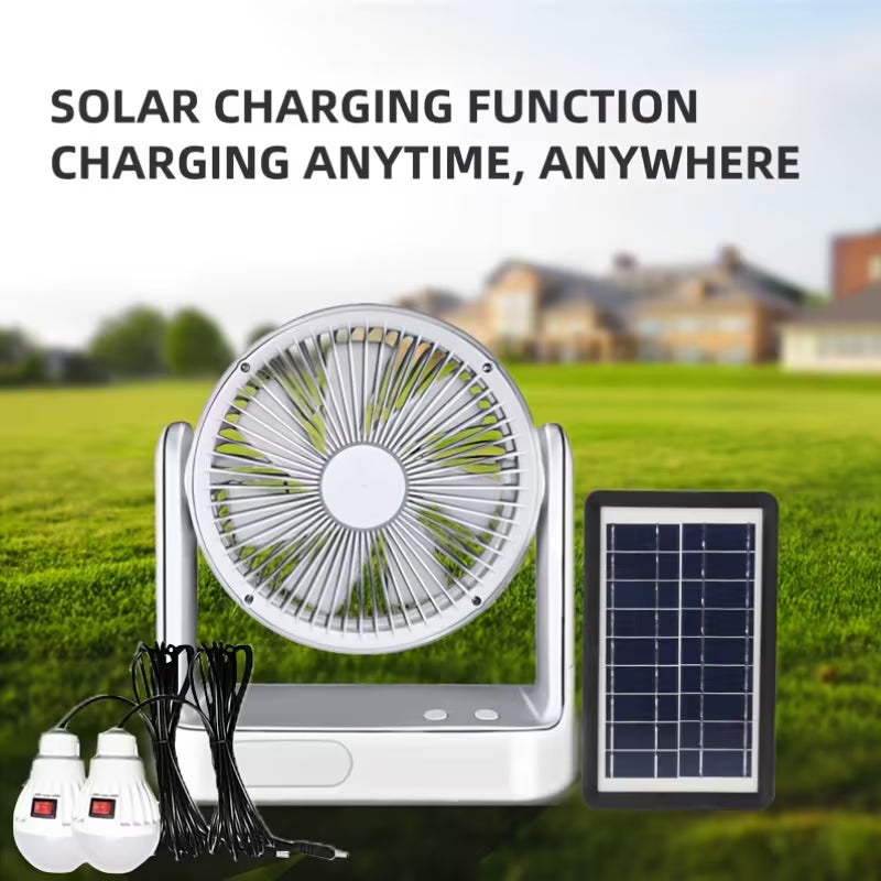 Solar Powered Portable Camping Fan with 10 LED Light, 3-Speed Rechargeable Table & Floor Fan with Timer