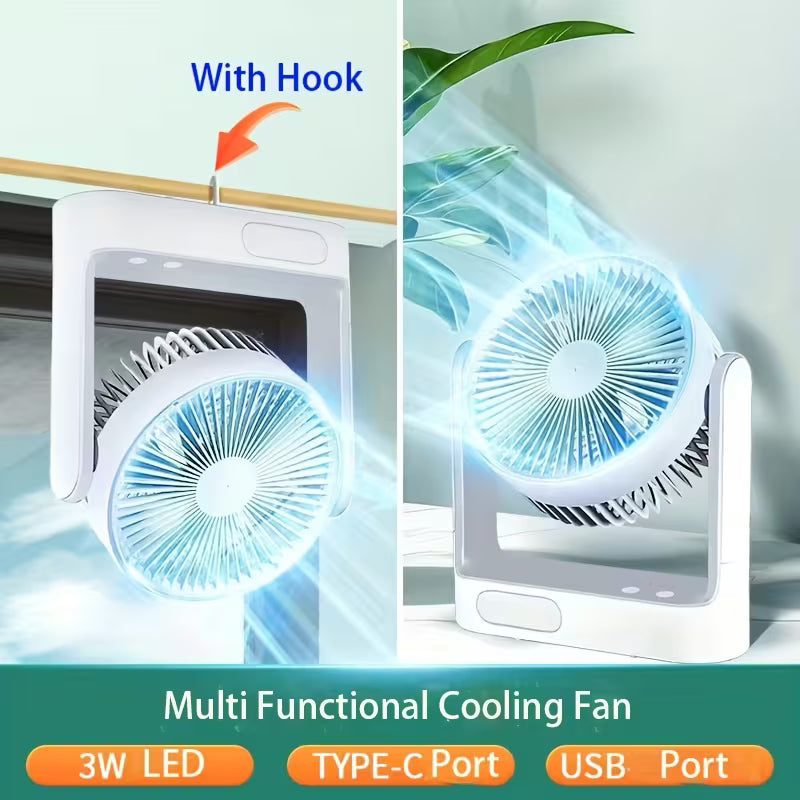 Solar Powered Portable Camping Fan with 10 LED Light, 3-Speed Rechargeable Table & Floor Fan with Timer
