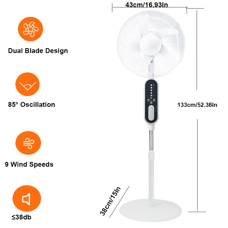 16-Inch Solar Powered Pedestal Fan – Portable, Rechargeable, Quiet 9-Speed Cooling for Indoor & Outdoor Use